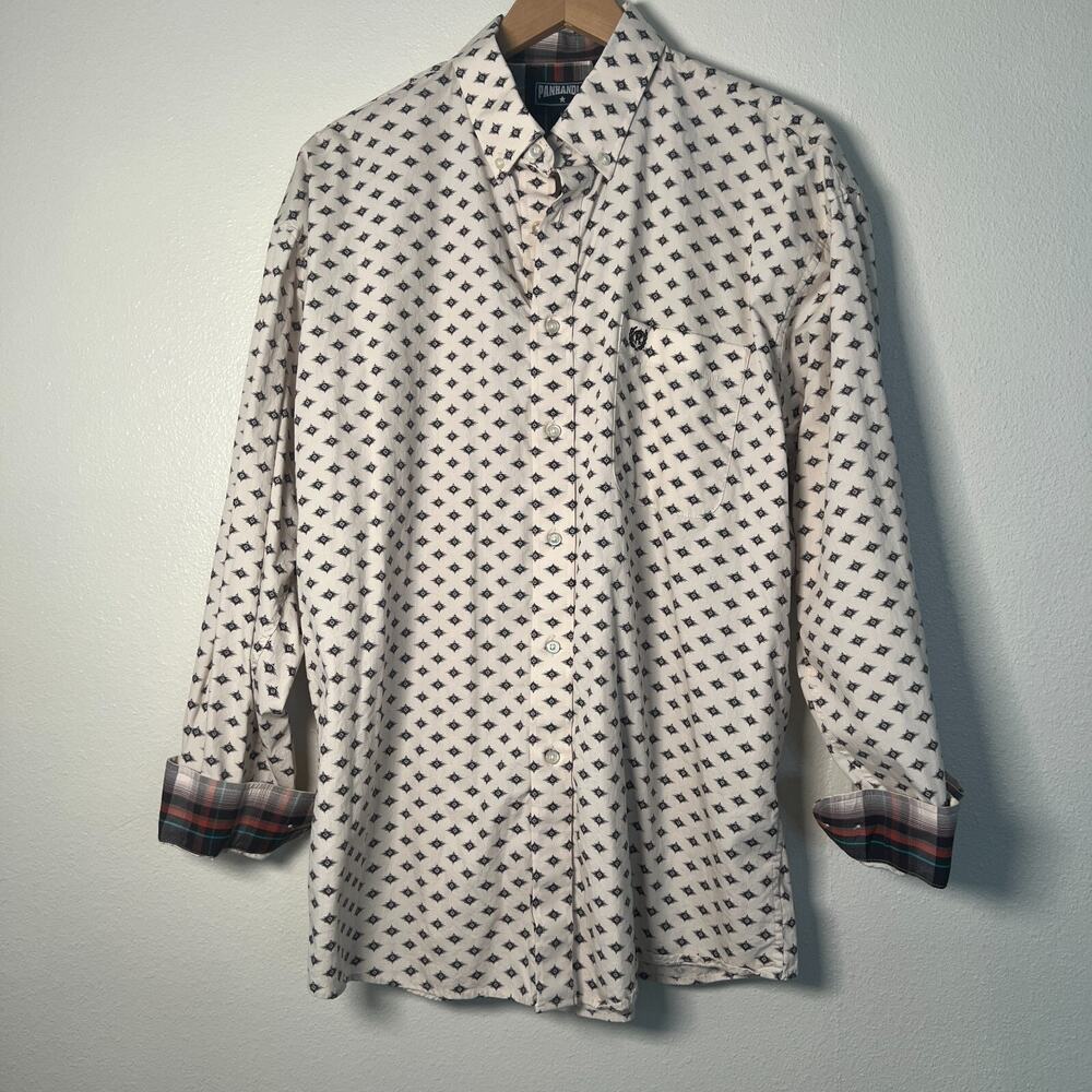 VTG Panhandle L Men’s Western Aztec Button Shirt Cream Gray Contrast Cuff Cotton
